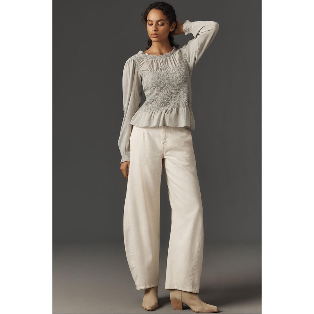 By Anthropologie Smocked Peplum Long-Sleeve Blouse in Light Gray